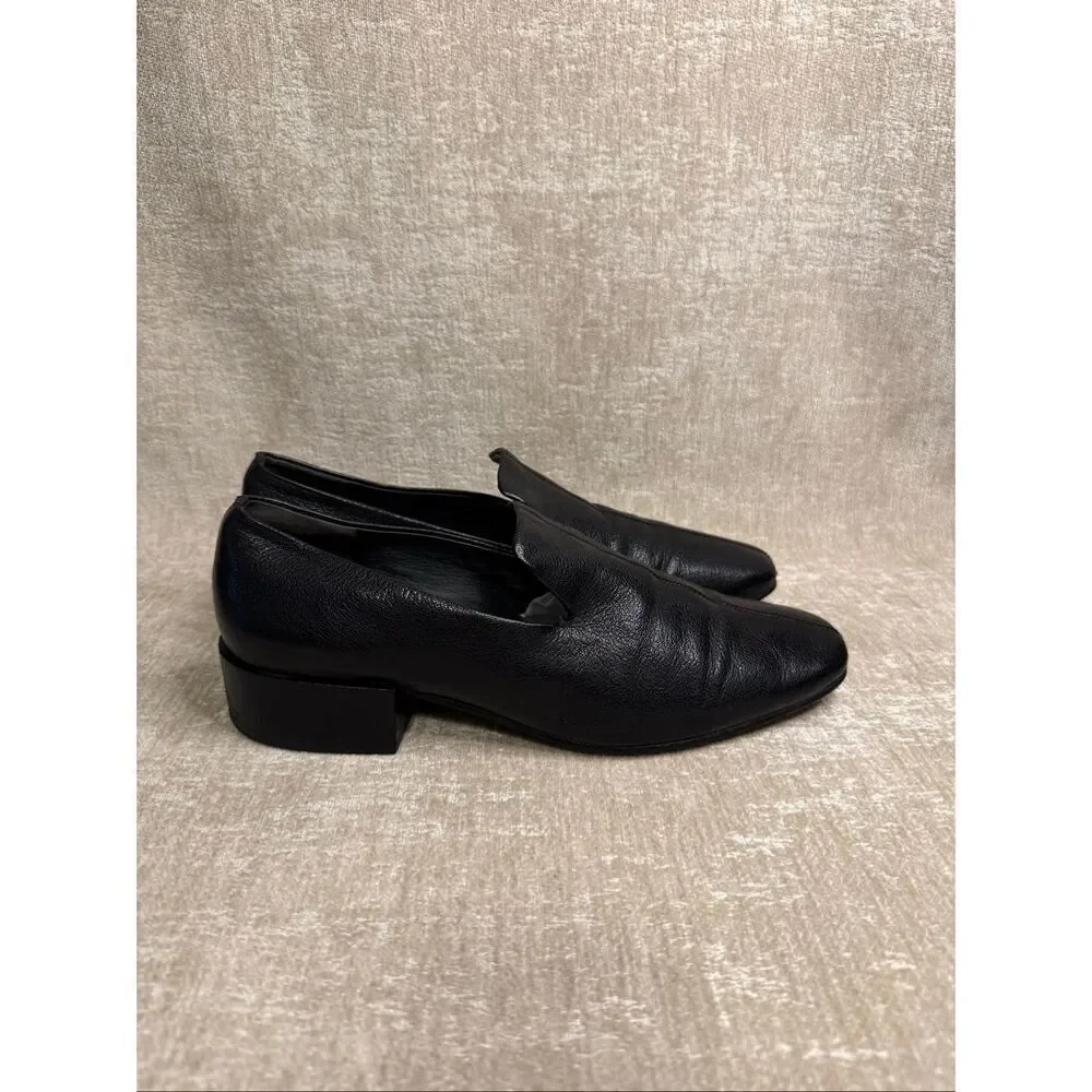 Via Spiga Women's Leather Stacked Heel Slip-on Loafer Shoes Black Size 8.5
